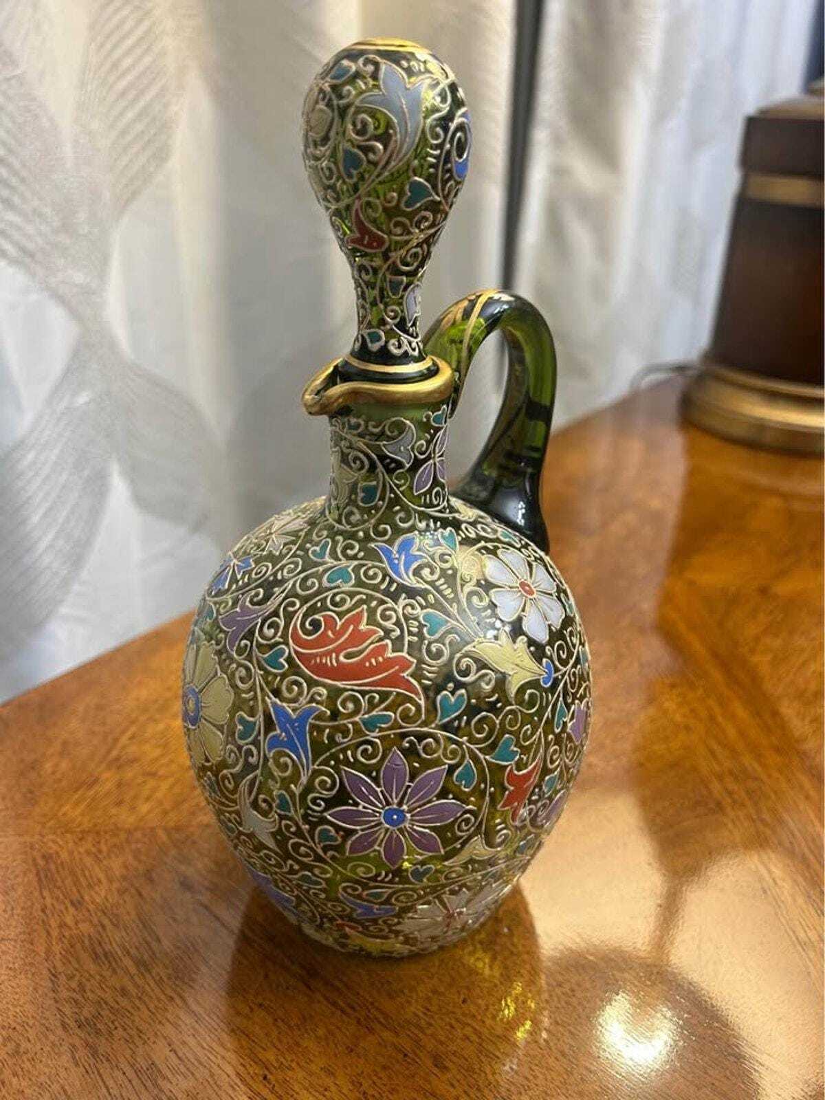 Antique Bohemian Enameled Green Glass Decanter Pitcher