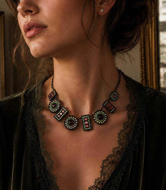 Vintage Poggi Paris Bronze Tone and Uranium Glass Statement Necklace