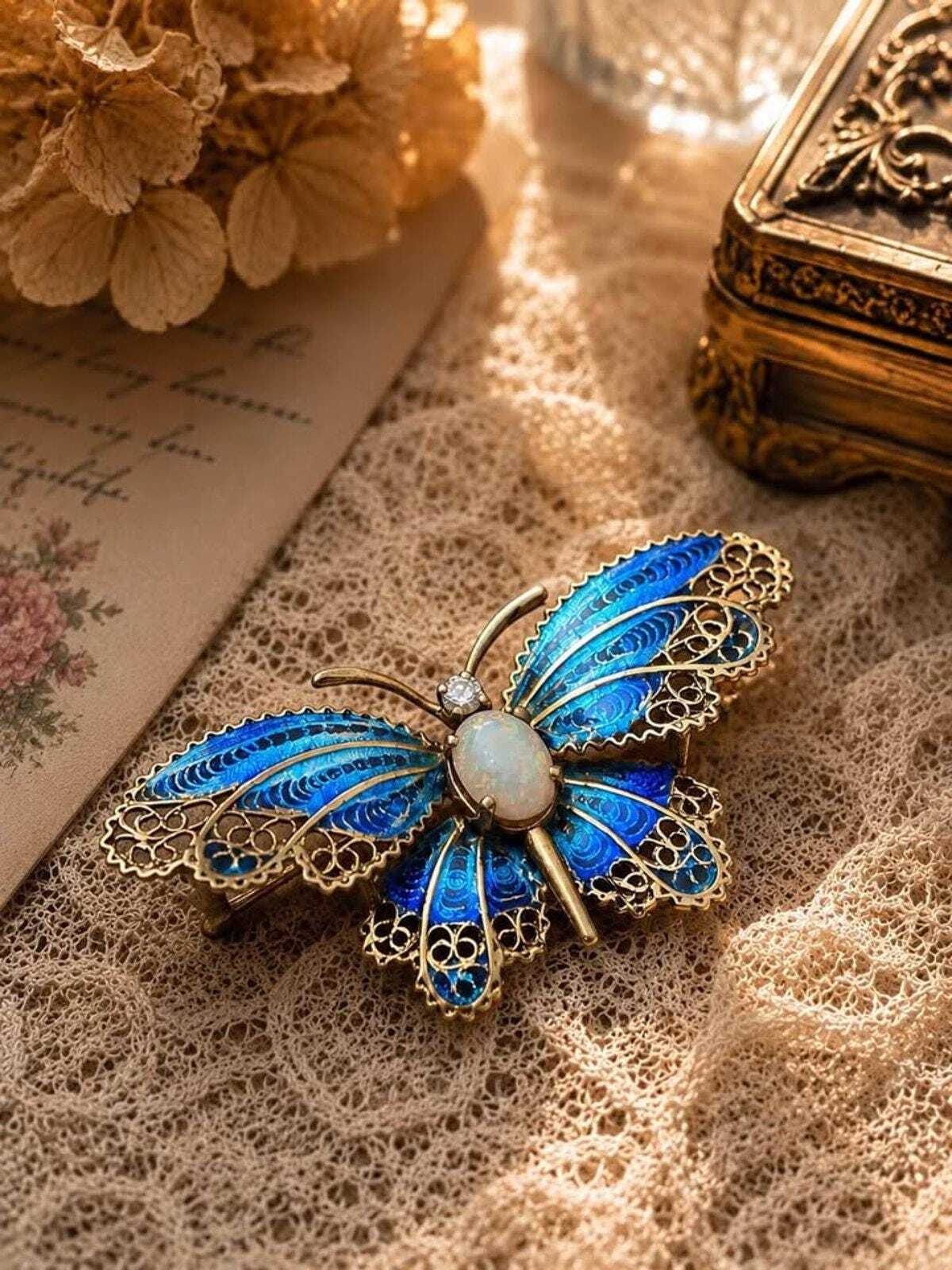 Vintage 14K Gold Plique-à-Jour Enamel Butterfly Brooch with Opal & Diamond