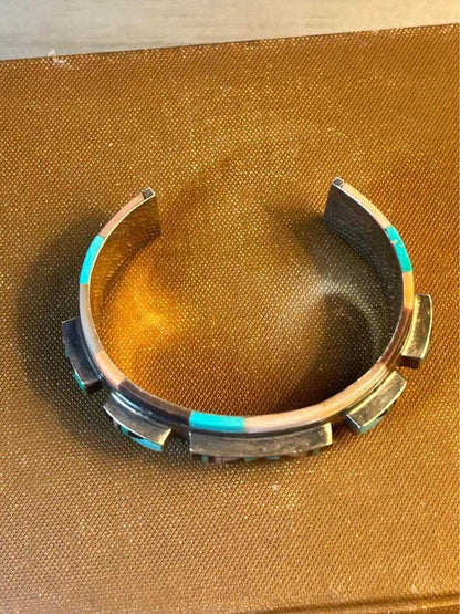 Vintage Zuni Olivia Panteah Sterling Silver Multi-Stone Raised Inlay Cuff Bracelet