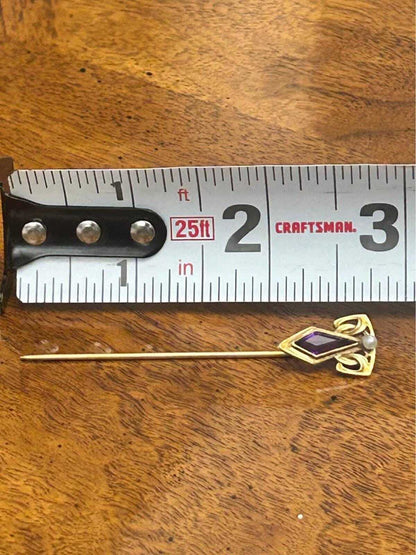 Antique Jaccard Jewelry Co 14k Gold Amethyst & Pearl Stick Pin in Box