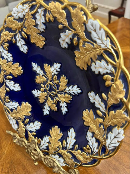 Antique Meissen Porcelain Cabinet Plate, Cobalt Blue with Heavy Gold Oak Leaf Relief (1924-1934)