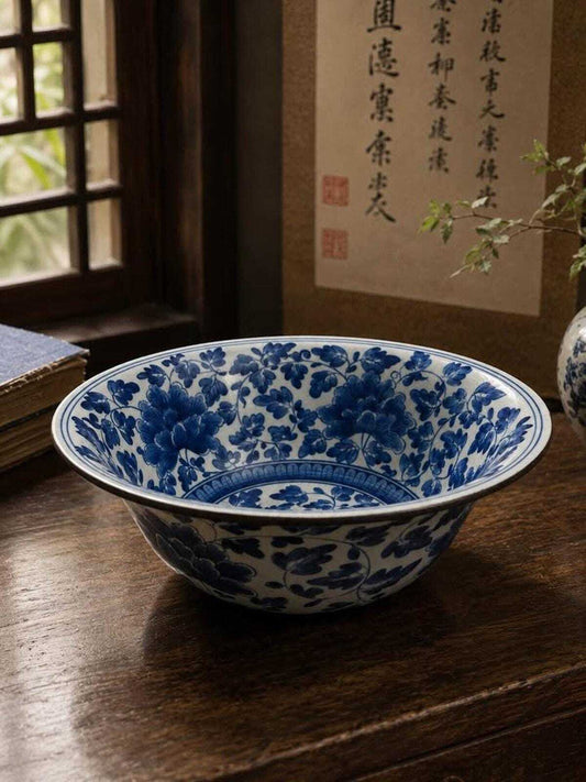 Antique Chinese Blue and White Crackle Glaze Porcelain Center Bowl with Metal Rim