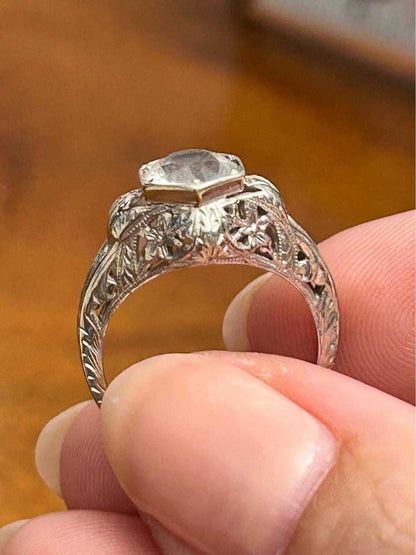 Antique Art Deco 14k White Gold Filigree Clear Spinel Ring Size 4.5
