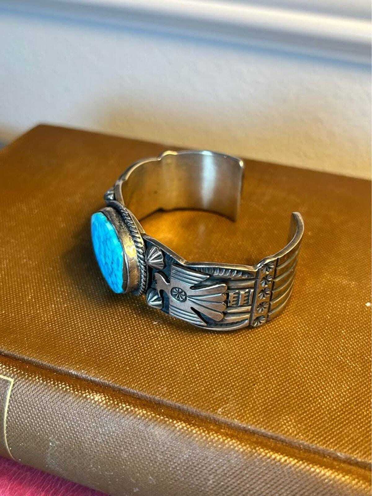 Vintage Andy Cadman Navajo Sterling Silver Turquoise Thunderbird Cuff