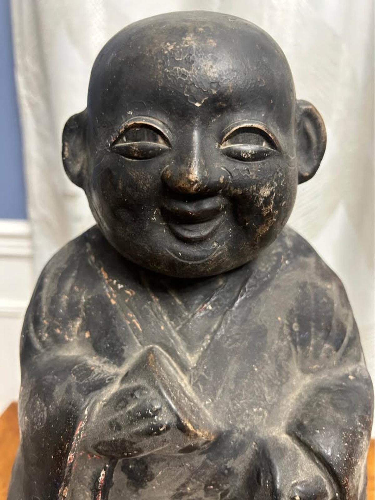 Antique Japanese Tsuchi Ningyo Black Clay Scholar Monk Figure 15"