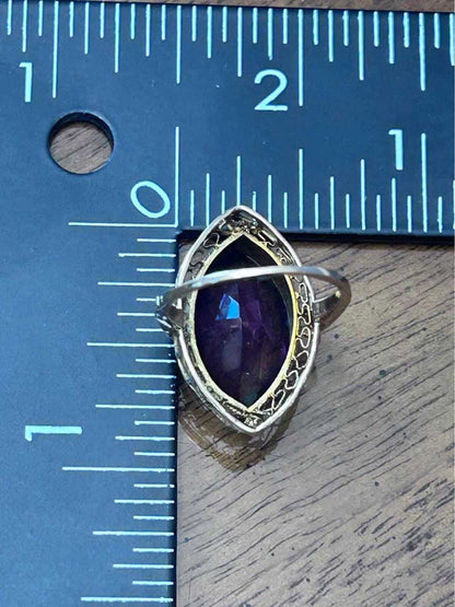 Antique Art Deco 10K Gold Navette Amethyst Filigree Statement Ring - size 4