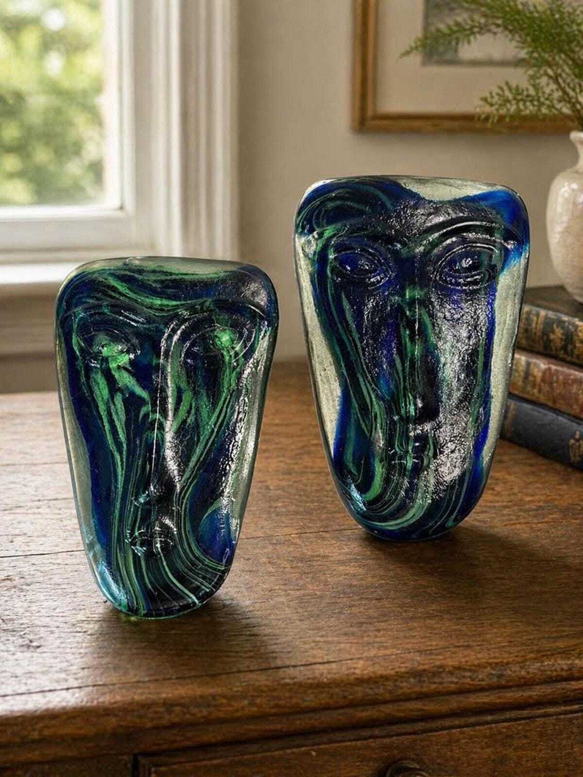 Kosta Boda Kjell Engman Art Glass Face Masks - Blue & Green - Pair
