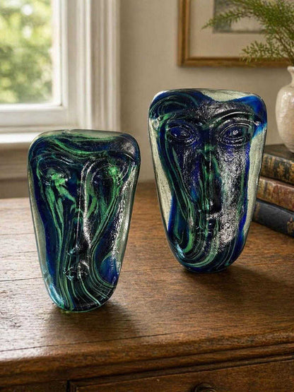 Kosta Boda Kjell Engman Art Glass Face Masks - Blue & Green - Pair