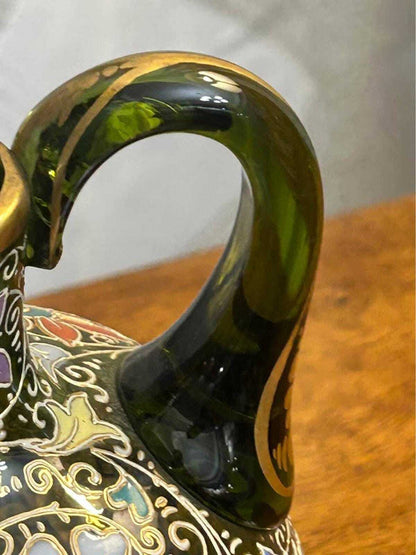 Antique Bohemian Enameled Green Glass Decanter Pitcher