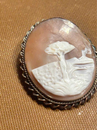Victorian Hand-Carved Shell Cameo Brooch - Mediterranean Landscape Scene