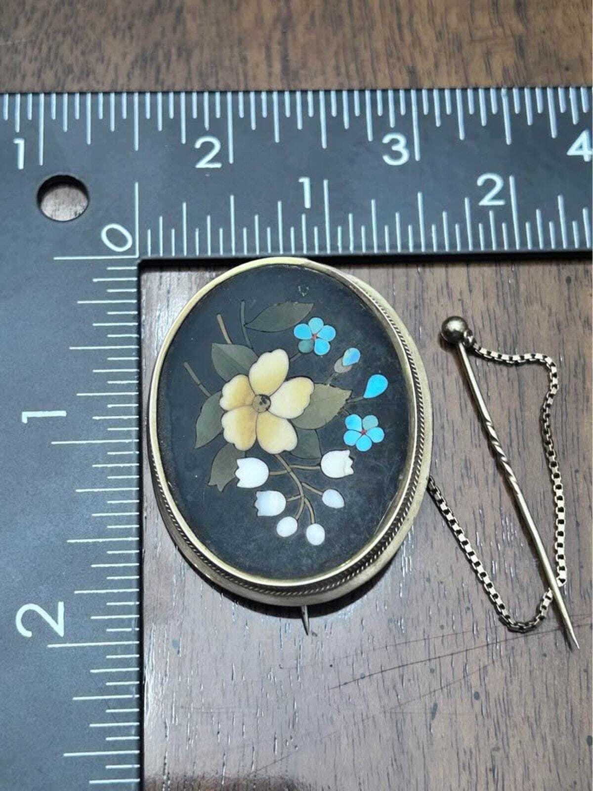 Antique 14k Gold Italian Pietra Dura Floral Mosaic Brooch with Safety Chain