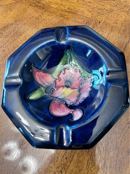 Vintage Moorcroft Pottery Octagonal Ashtray, Orchid Pattern
