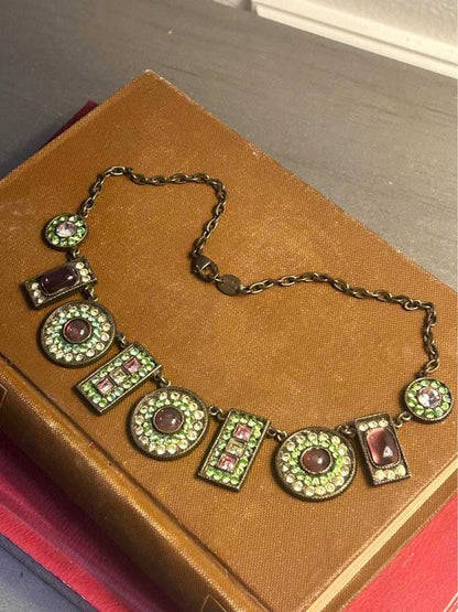 Vintage Poggi Paris Bronze Tone and Uranium Glass Statement Necklace
