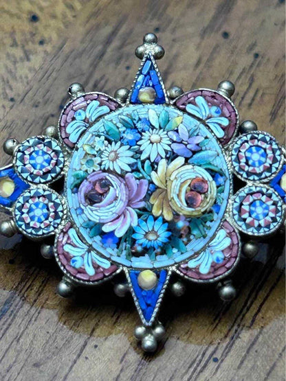 Antique Italian Grand Tour 800 Silver Fine Micro Mosaic Floral Brooch