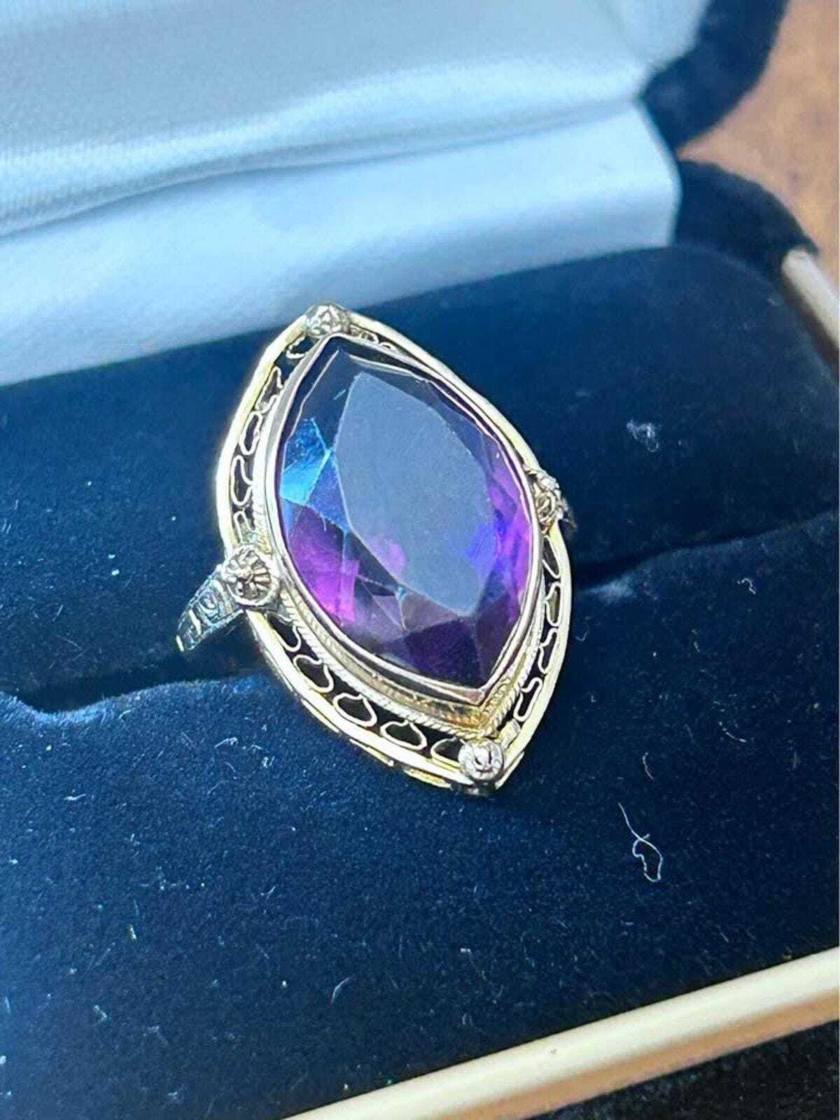 Antique Art Deco 10K Gold Navette Amethyst Filigree Statement Ring - size 4