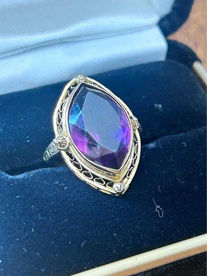 Antique Art Deco 10K Gold Navette Amethyst Filigree Statement Ring - size 4