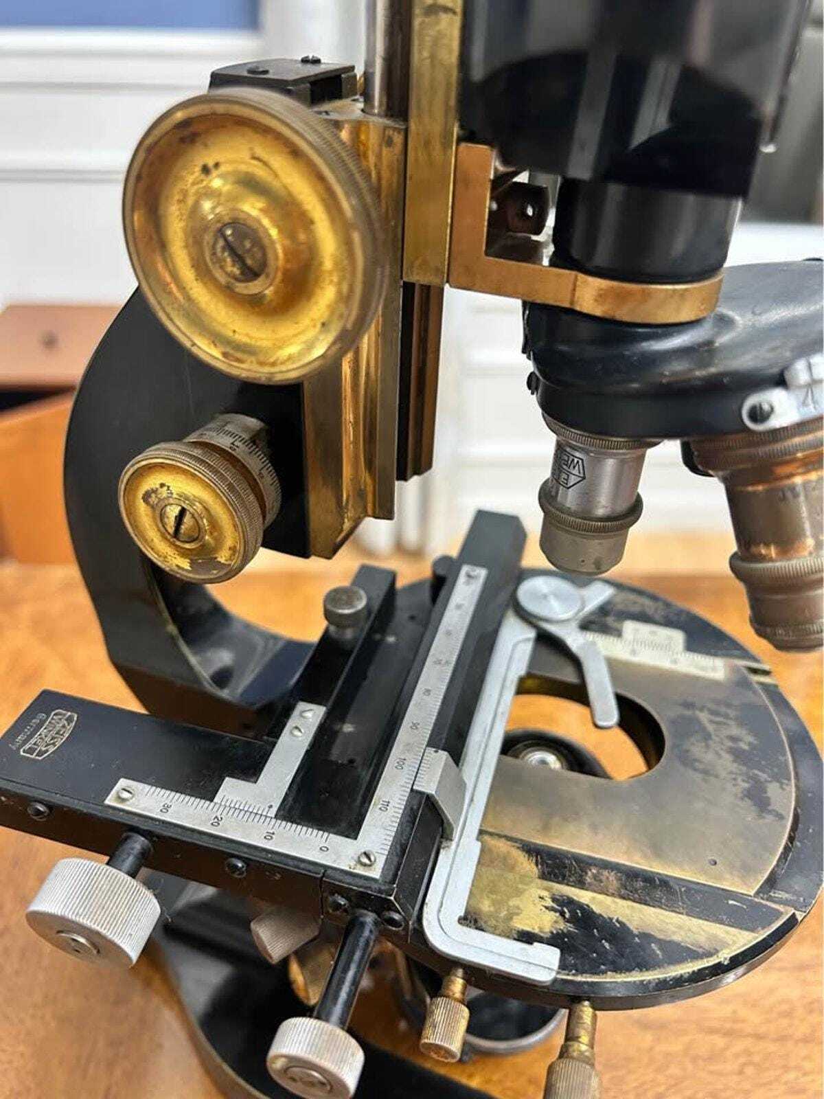 Antique Ernst Leitz Wetzlar Binocular Microscope with Zeiss Stage