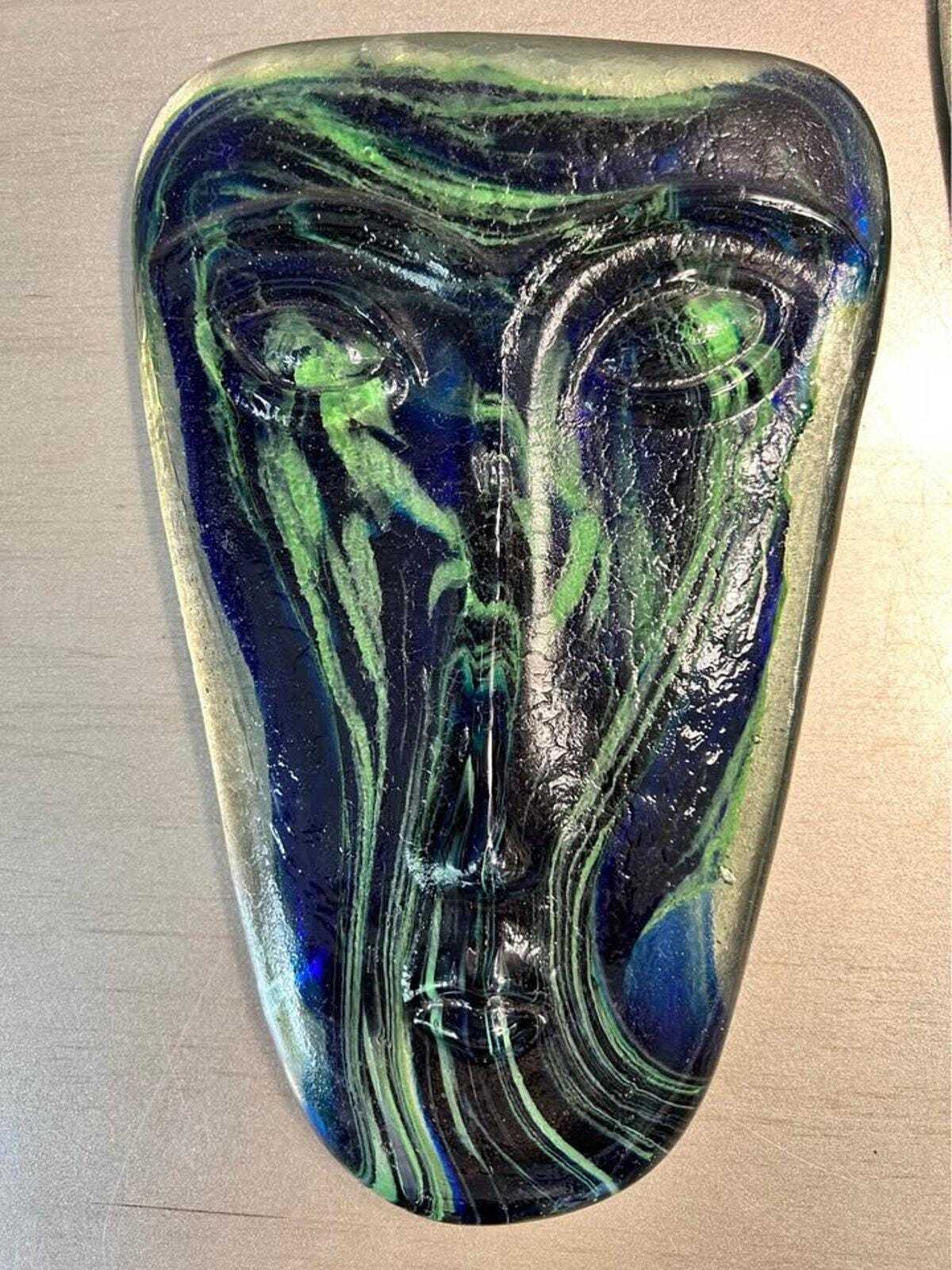 Kosta Boda Kjell Engman Art Glass Face Masks - Blue & Green - Pair