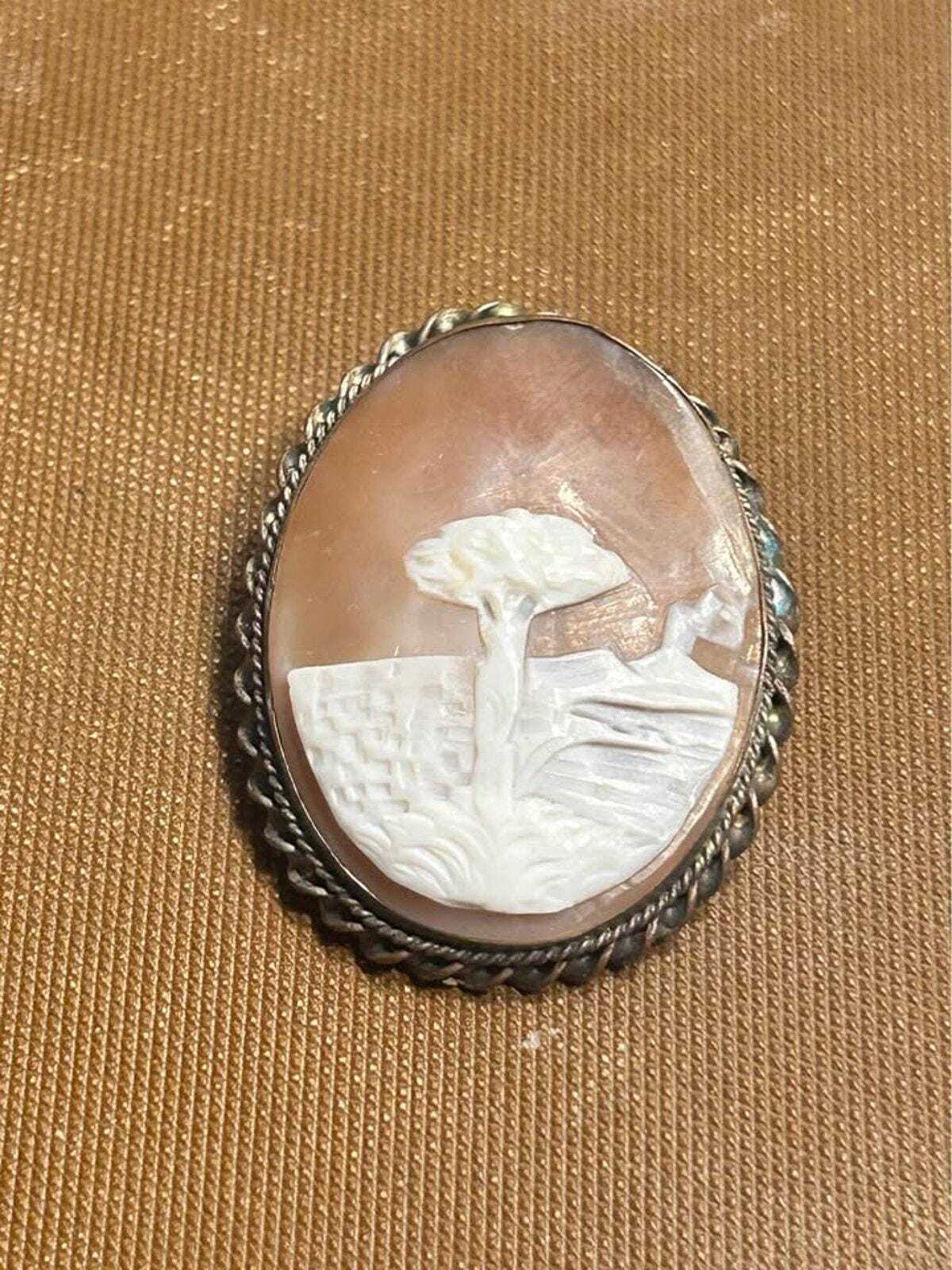 Victorian Hand-Carved Shell Cameo Brooch - Mediterranean Landscape Scene