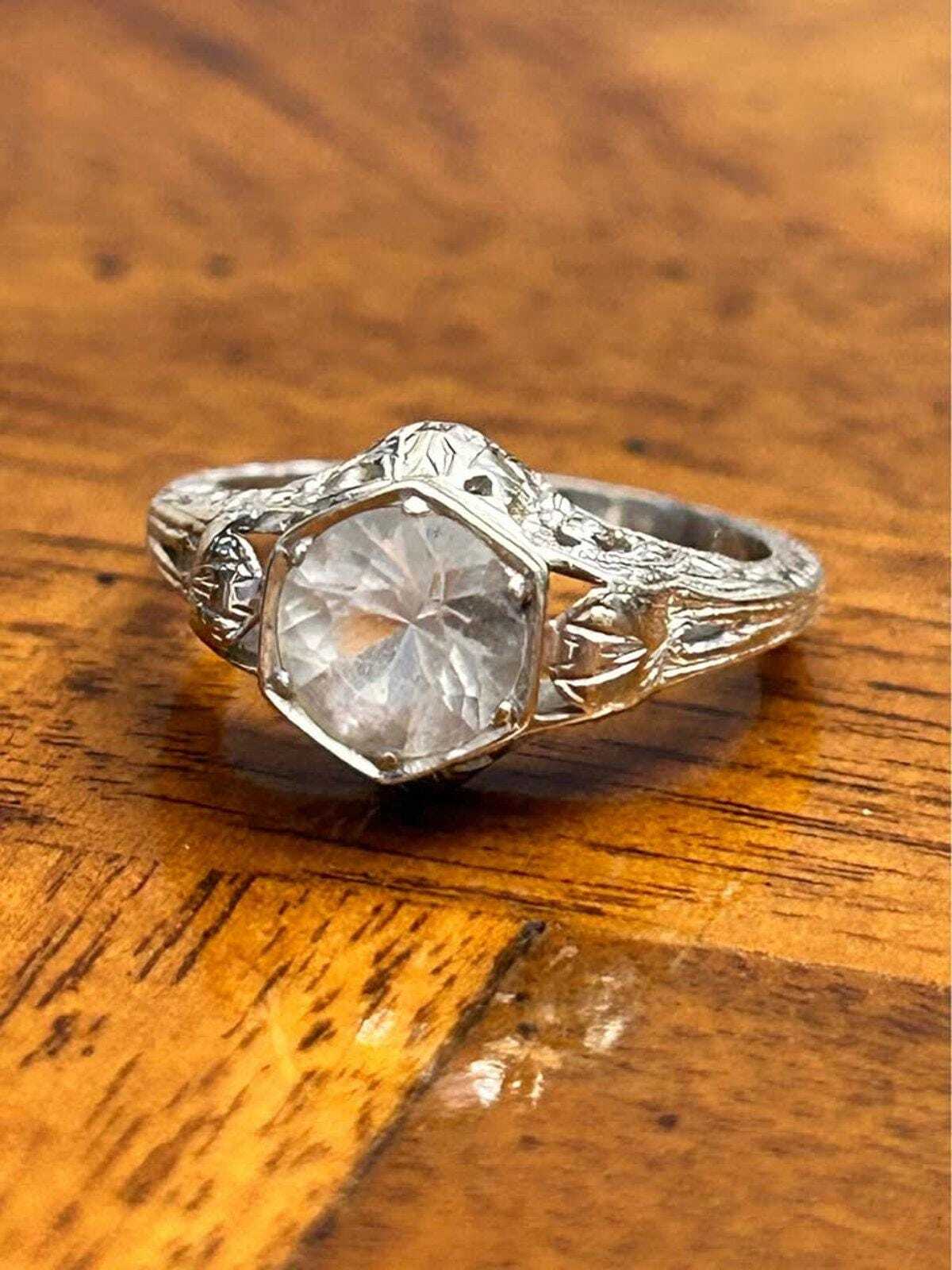 Antique Art Deco 14k White Gold Filigree Clear Spinel Ring Size 4.5