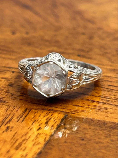 Antique Art Deco 14k White Gold Filigree Clear Spinel Ring Size 4.5