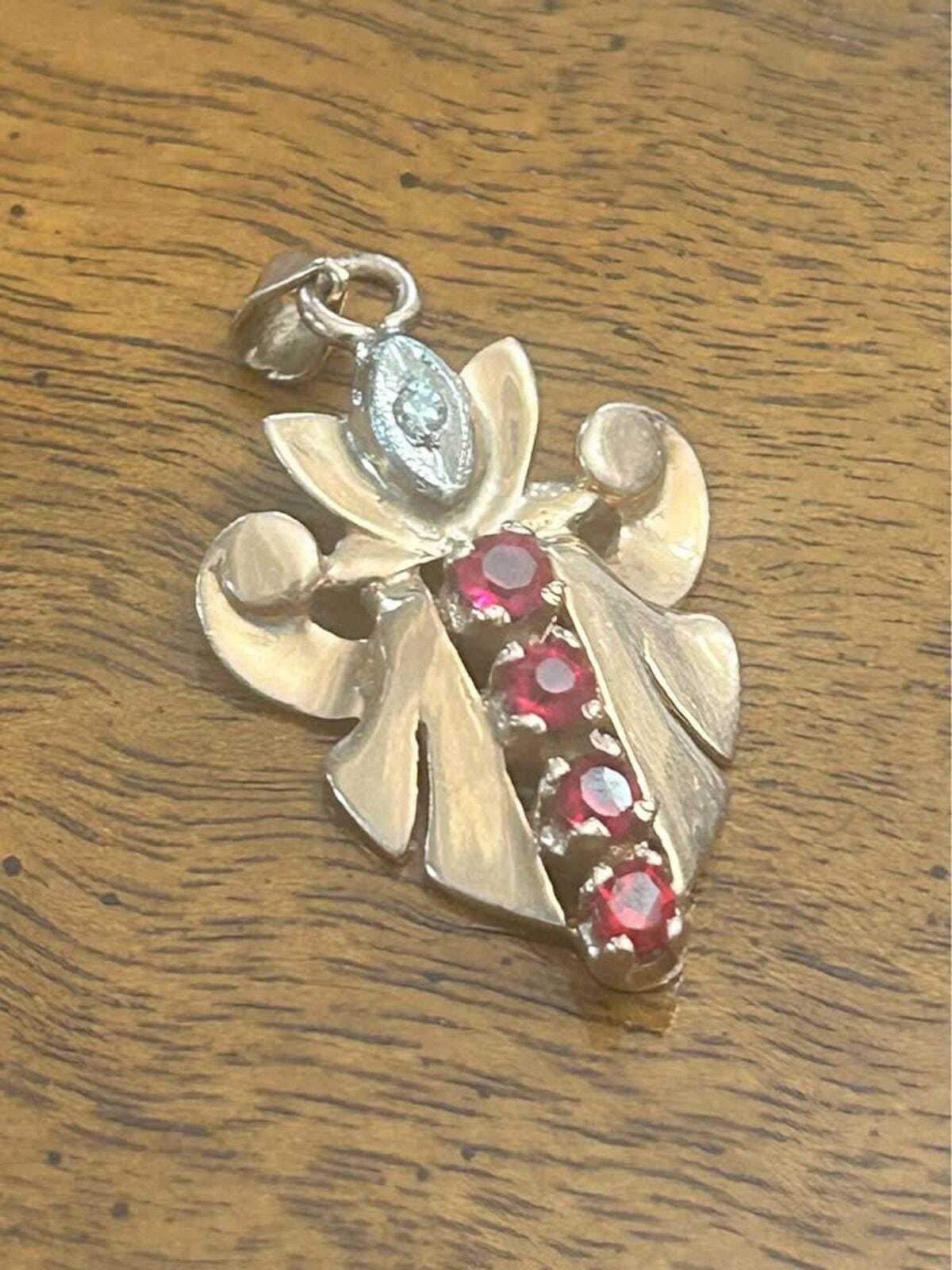 Vintage 14k Yellow Gold Pink Topaz and Diamond Leaf Motif Pendant
