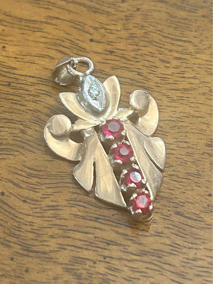 Vintage 14k Yellow Gold Pink Topaz and Diamond Leaf Motif Pendant