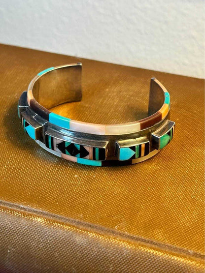 Vintage Zuni Olivia Panteah Sterling Silver Multi-Stone Raised Inlay Cuff Bracelet