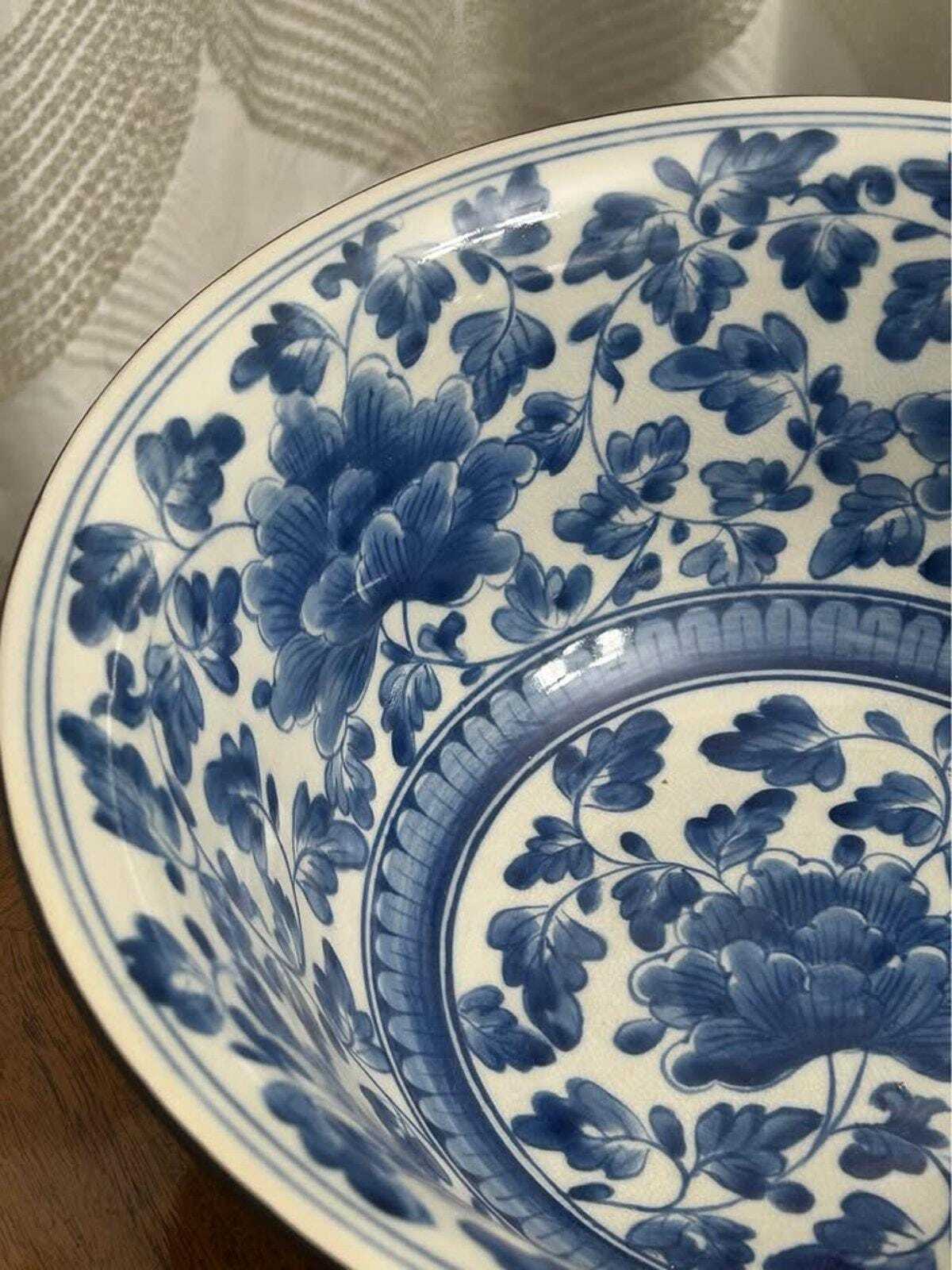Antique Chinese Blue and White Crackle Glaze Porcelain Center Bowl with Metal Rim