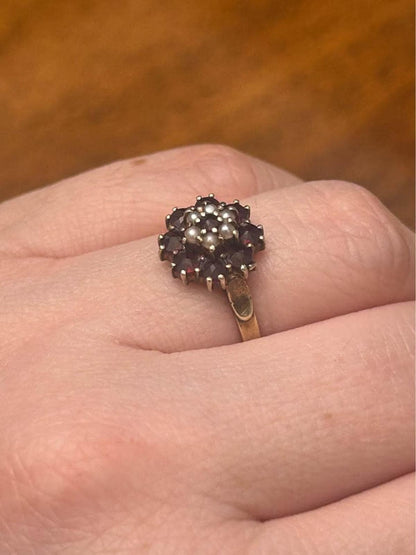Antique 14k Yellow Gold Bohemian Garnet and Seed Pearl Cluster Ring