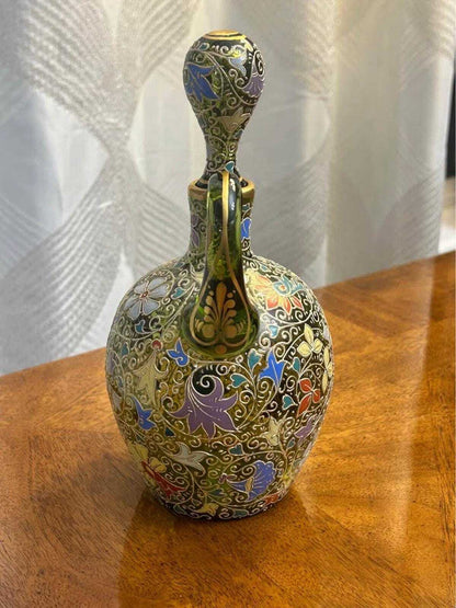 Antique Bohemian Enameled Green Glass Decanter Pitcher