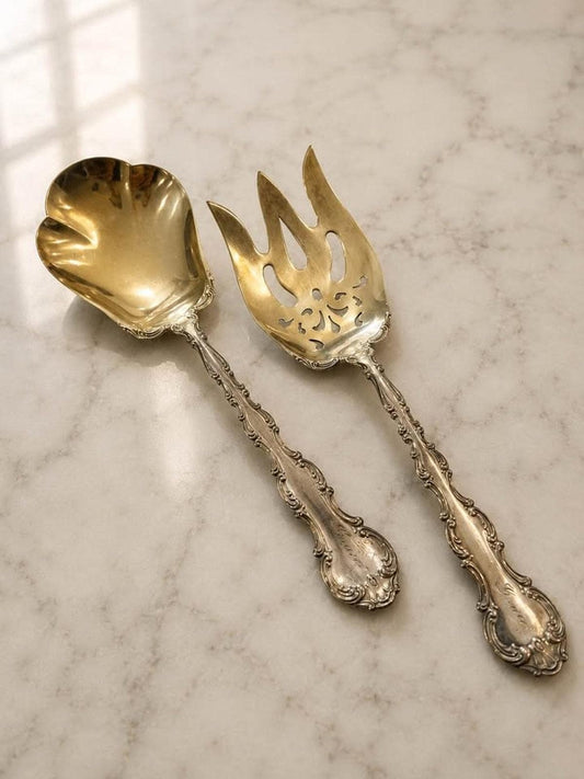 Antique Gorham Strasbourg Sterling Silver Vermeil Salad Serving Set