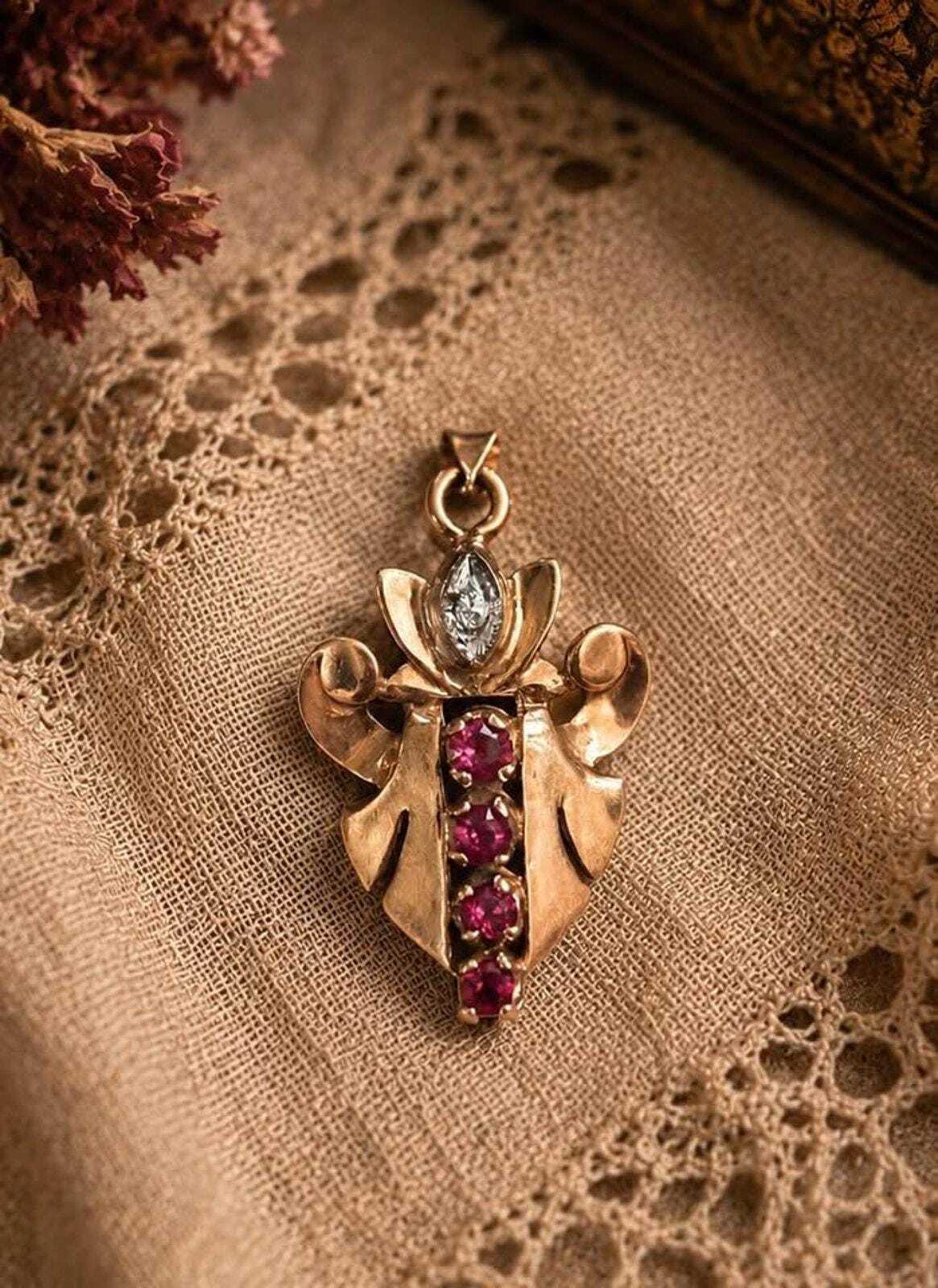 Vintage 14k Yellow Gold Pink Topaz and Diamond Leaf Motif Pendant