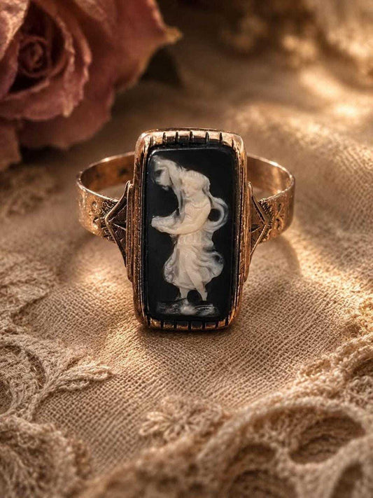 Antique 10K Gold Art Deco Hardstone Cameo Ring Carved Maiden Size 8