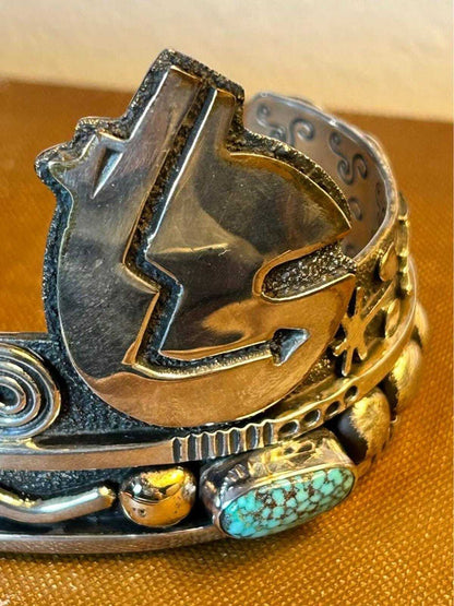 Vintage Alex Sanchez Navajo Sterling Silver 14K Gold Turquoise Petroglyph Cuff