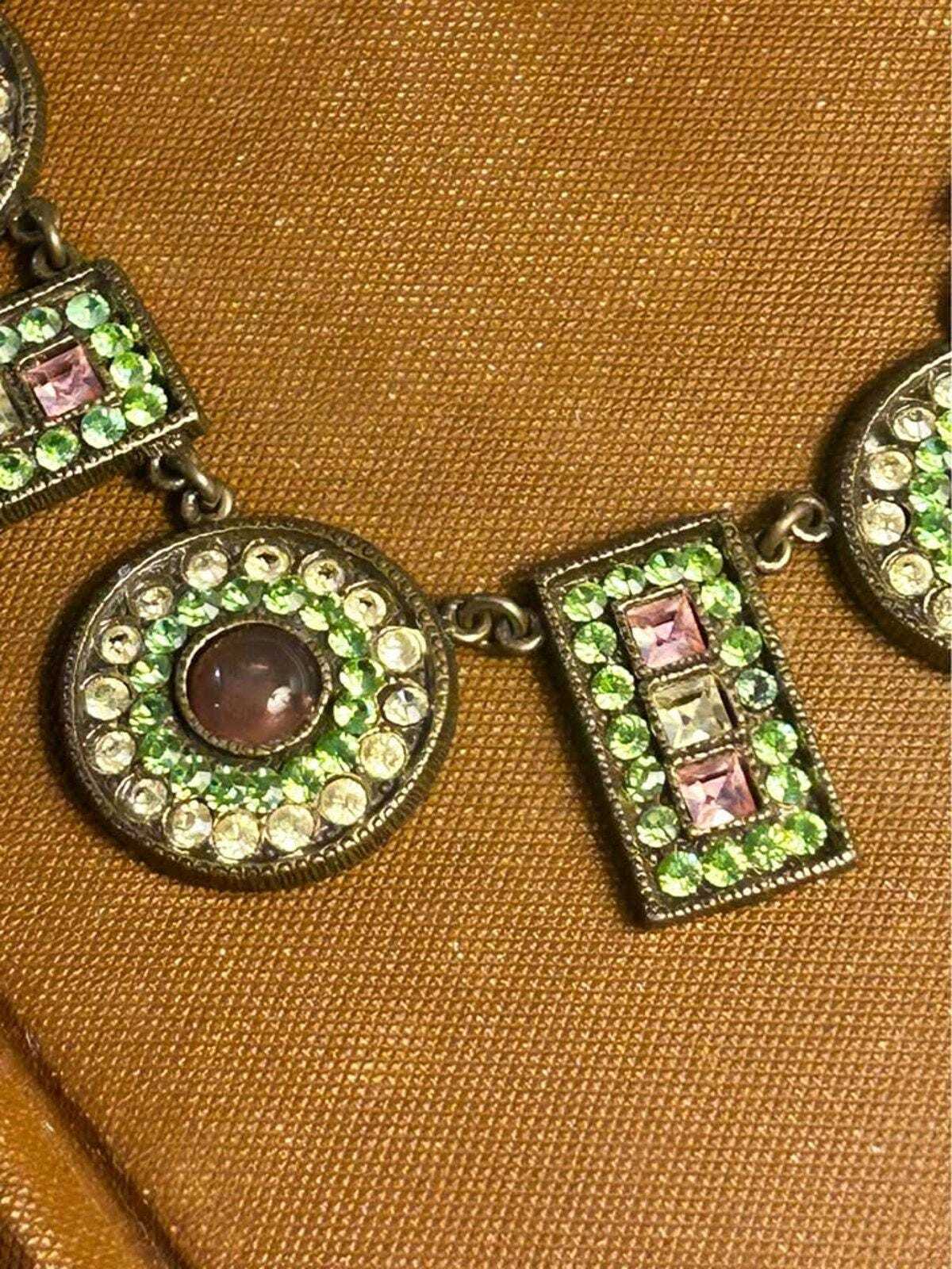 Vintage Poggi Paris Bronze Tone and Uranium Glass Statement Necklace