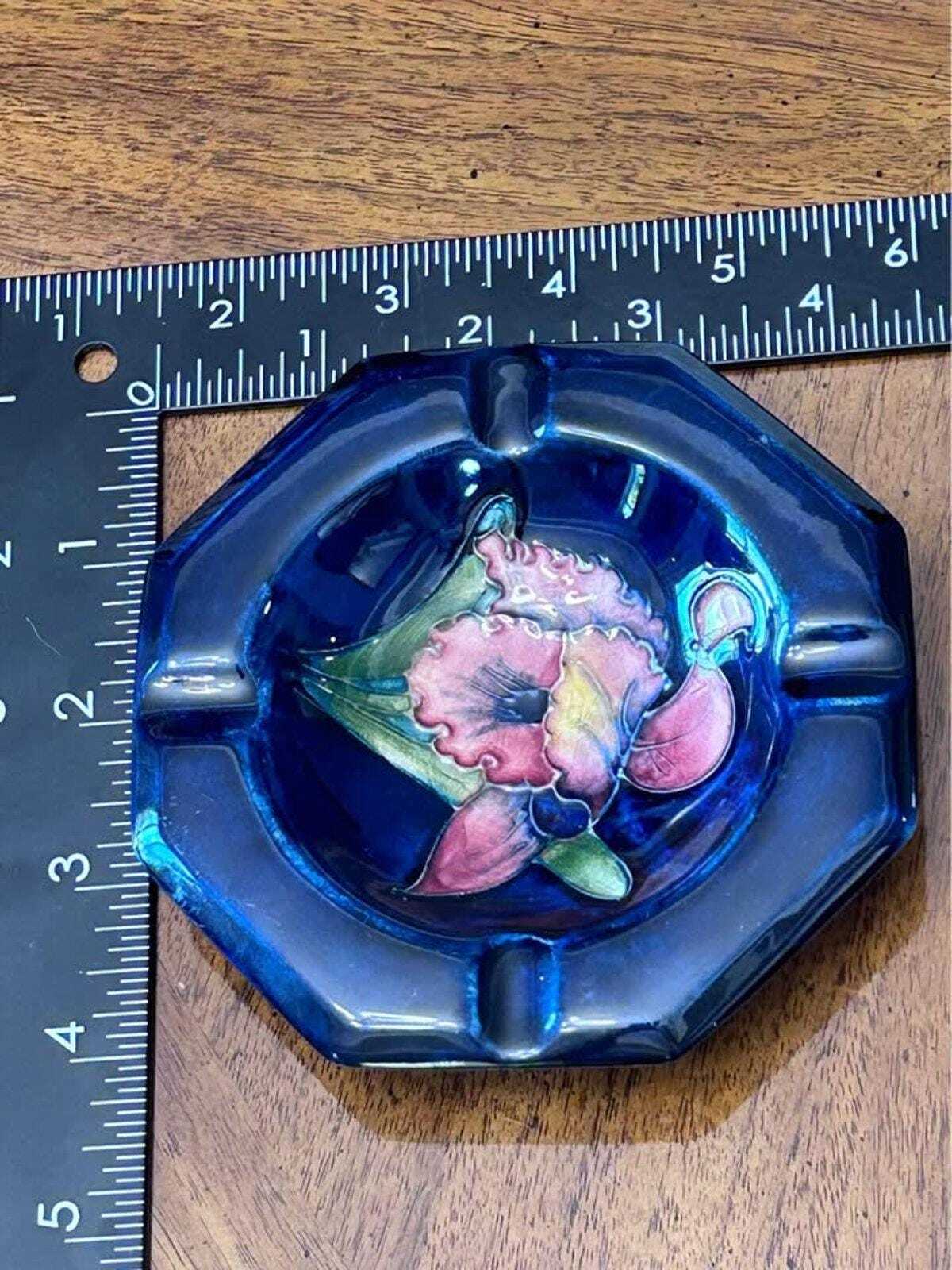 Vintage Moorcroft Pottery Octagonal Ashtray, Orchid Pattern