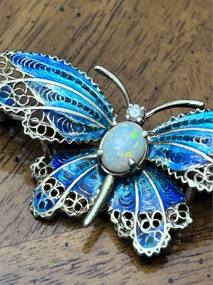 Vintage 14K Gold Plique-à-Jour Enamel Butterfly Brooch with Opal & Diamond