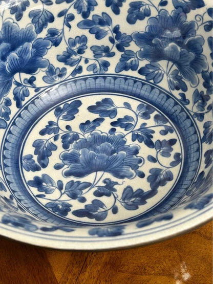 Antique Chinese Blue and White Crackle Glaze Porcelain Center Bowl with Metal Rim