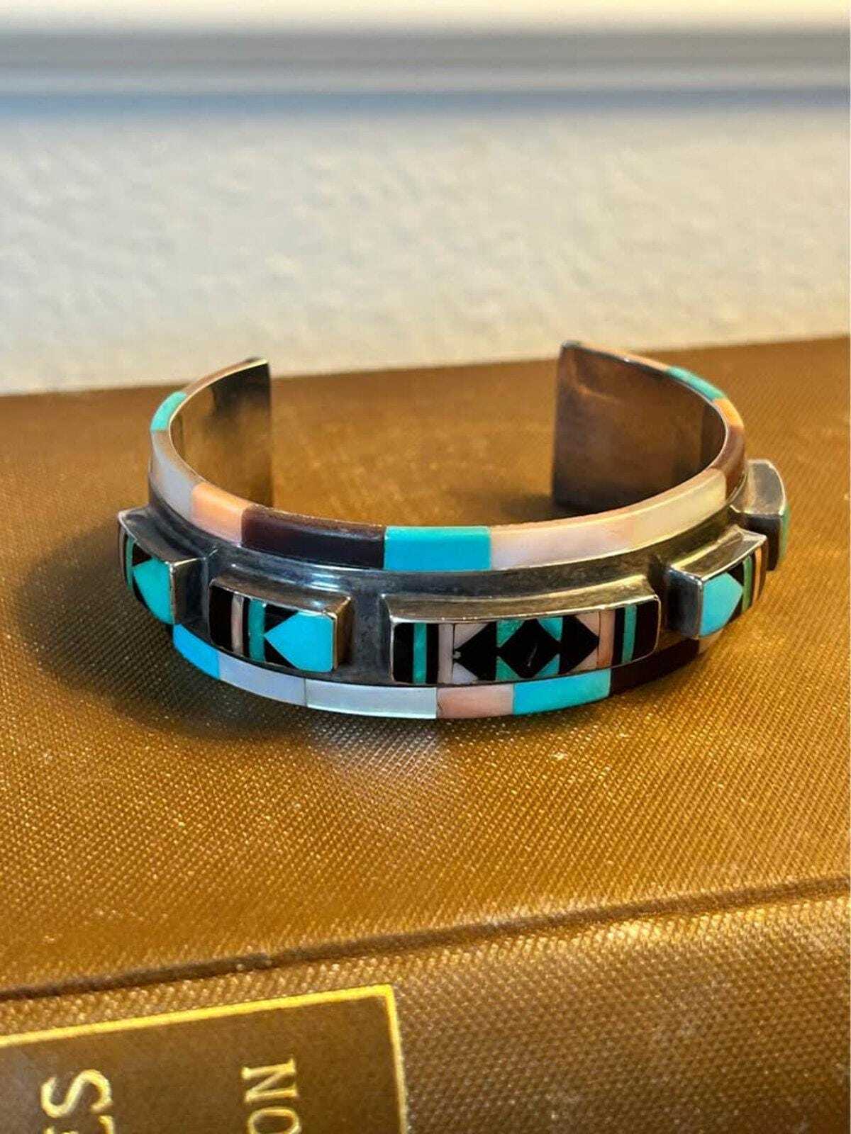 Vintage Zuni Olivia Panteah Sterling Silver Multi-Stone Raised Inlay Cuff Bracelet