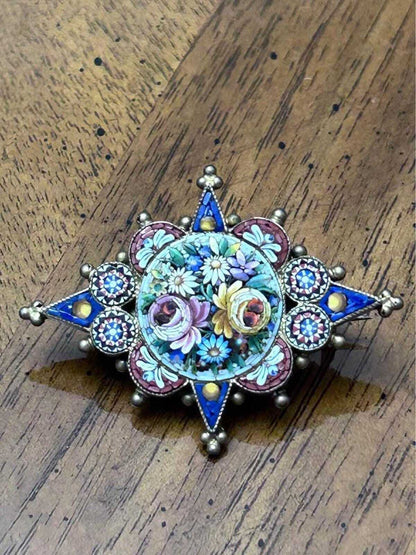 Antique Italian Grand Tour 800 Silver Fine Micro Mosaic Floral Brooch