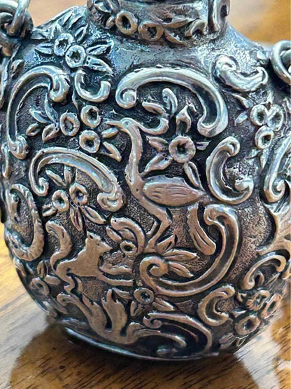 Antique Ornate Sterling Silver Chatelaine Scent Bottle With Swan Finial And Repousse Motif