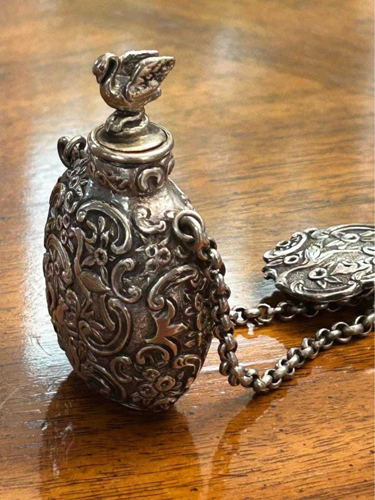 Antique Ornate Sterling Silver Chatelaine Scent Bottle With Swan Finial And Repousse Motif