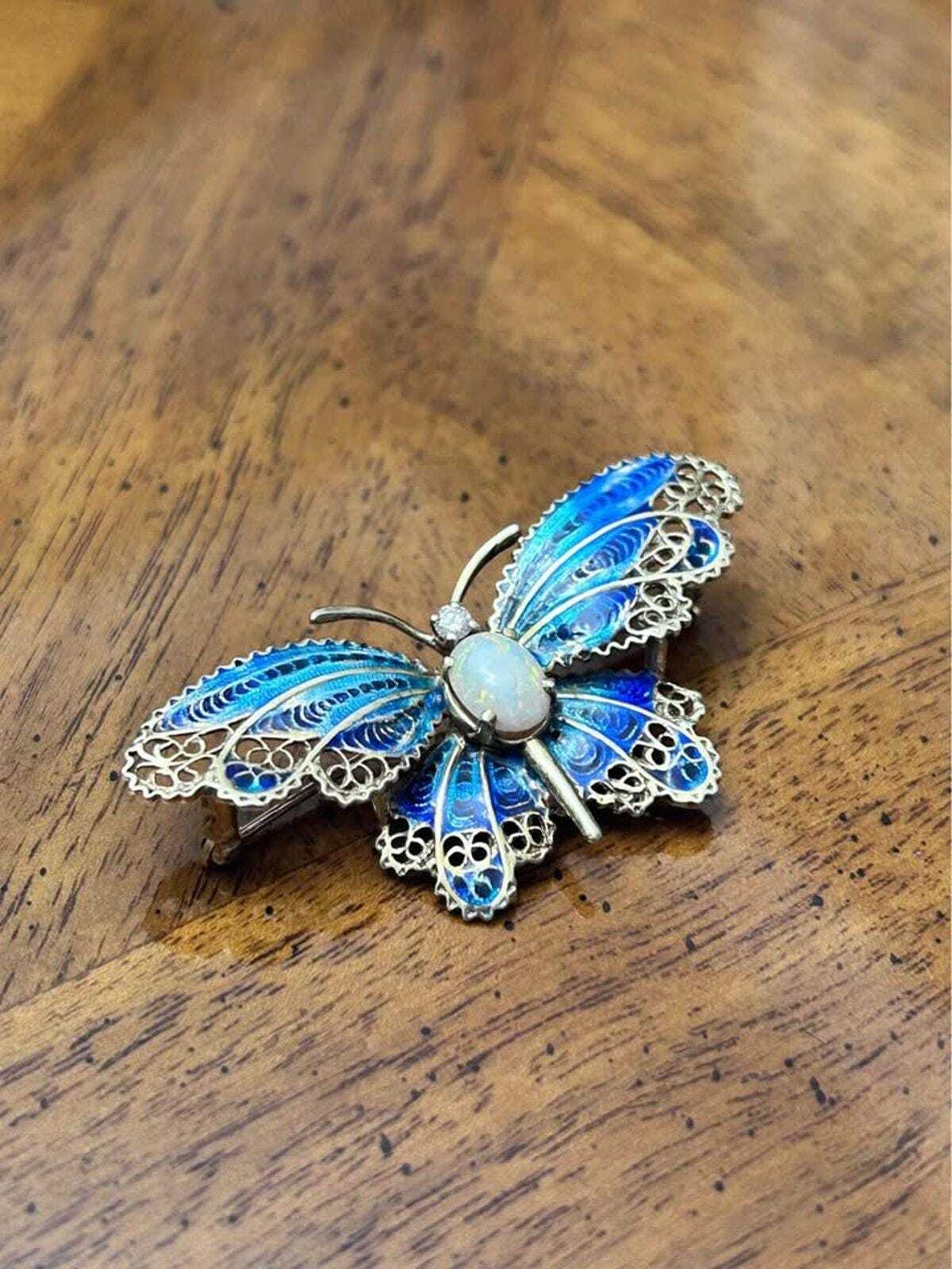 Vintage 14K Gold Plique-à-Jour Enamel Butterfly Brooch with Opal & Diamond