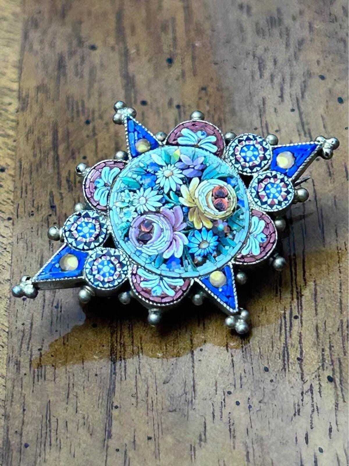 Antique Italian Grand Tour 800 Silver Fine Micro Mosaic Floral Brooch