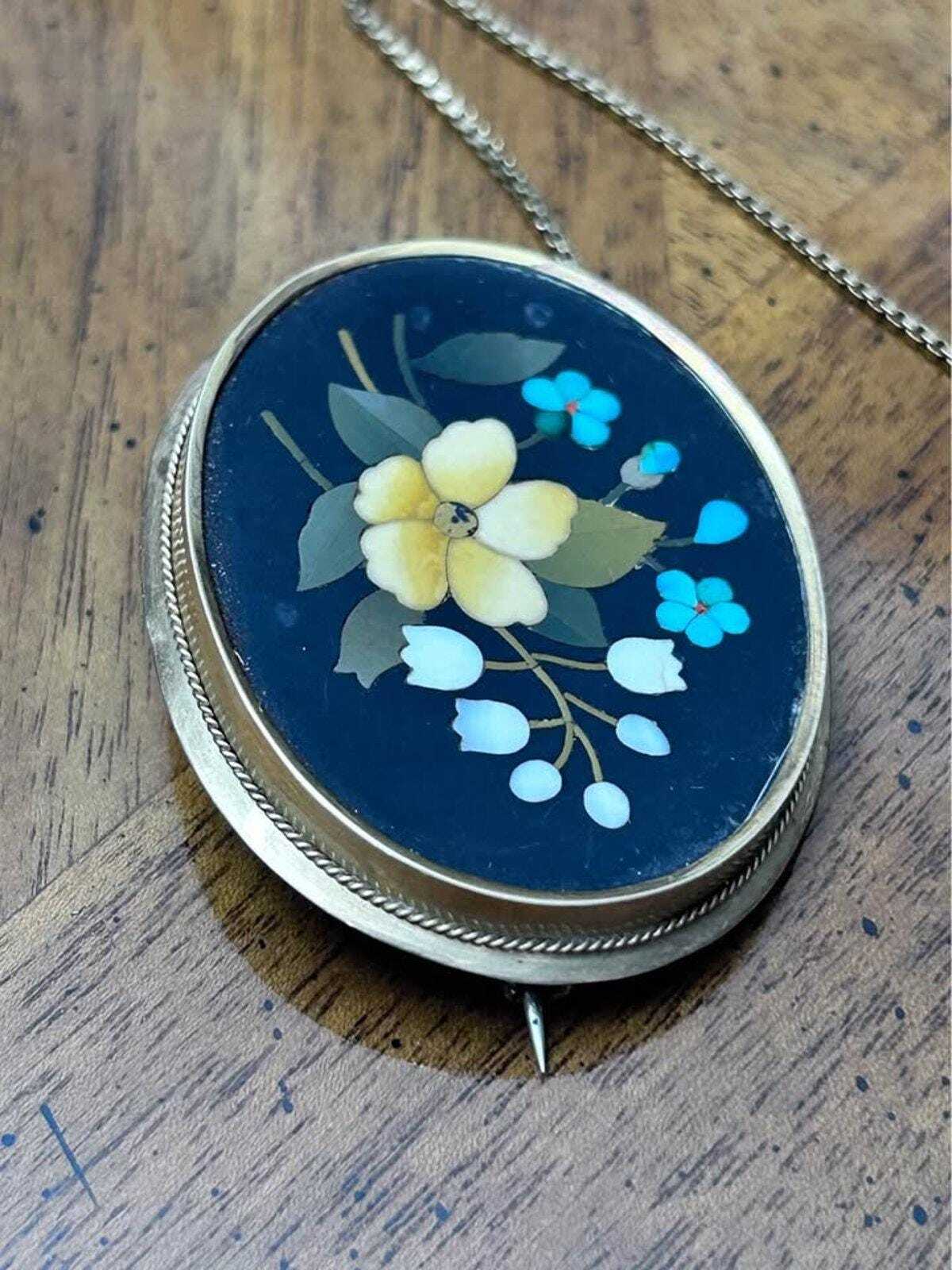 Antique 14k Gold Italian Pietra Dura Floral Mosaic Brooch with Safety Chain