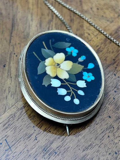 Antique 14k Gold Italian Pietra Dura Floral Mosaic Brooch with Safety Chain