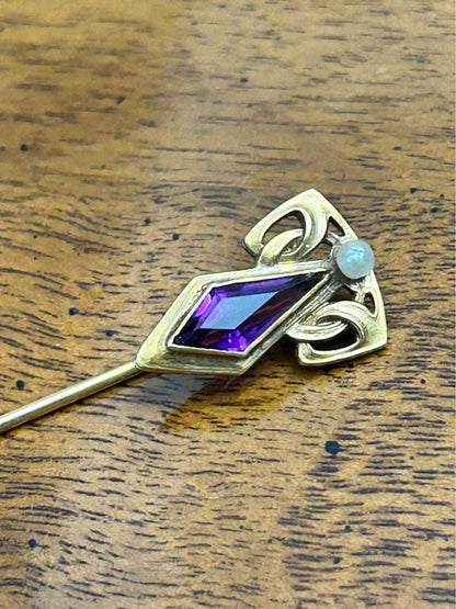 Antique Jaccard Jewelry Co 14k Gold Amethyst & Pearl Stick Pin in Box