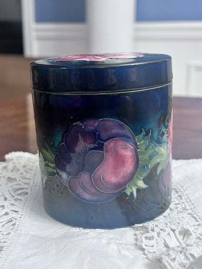 Vintage Moorcroft Anemone Lidded Jar, Cobalt Blue English Art Pottery